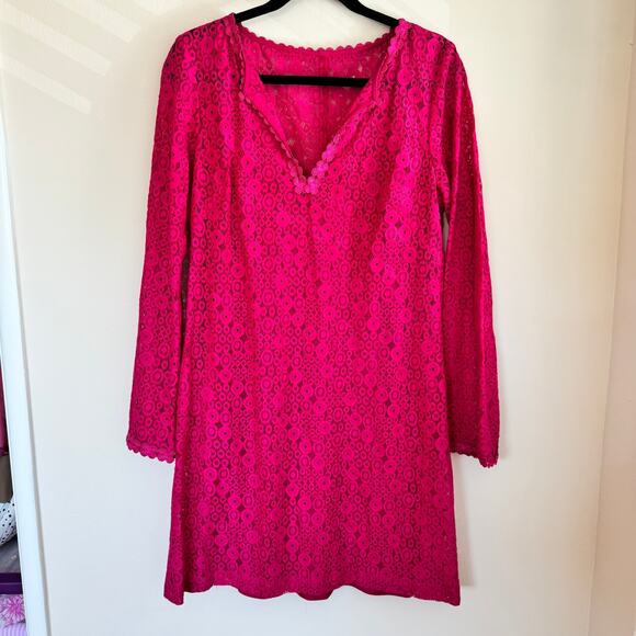 Trina Turk Scalloped Hem Dress Hot Pink V-Neck Lace Overlay Long Sleeve Sz 8 - Picture 1 of 6
